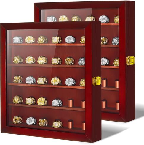 2 Pcs Championship Ring Display Case 30 Ring Posts Baseball Ring Display Case Wooden Baseball Ring Holder 14" x 15" Wall Mount Shadow Box for Baseball Multiple Championship Rings Souvenir in Saudi Arabia