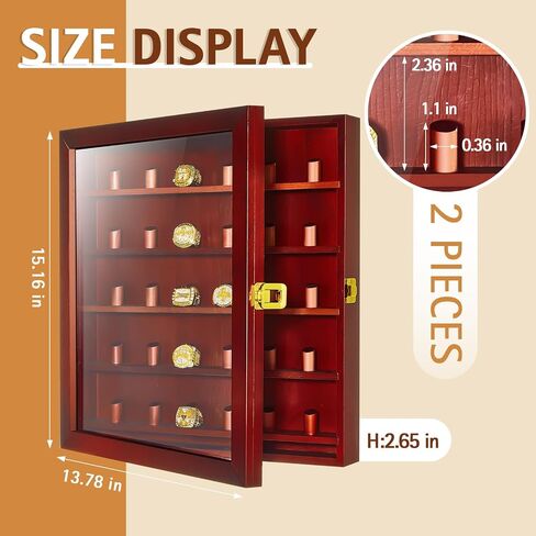 2 Pcs Championship Ring Display Case 30 Ring Posts Baseball Ring Display Case Wooden Baseball Ring Holder 14" x 15" Wall Mount Shadow Box for Baseball Multiple Championship Rings Souvenir in Saudi Arabia