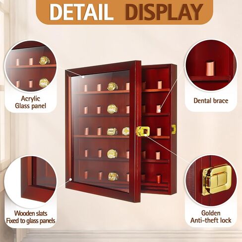 2 Pcs Championship Ring Display Case 30 Ring Posts Baseball Ring Display Case Wooden Baseball Ring Holder 14" x 15" Wall Mount Shadow Box for Baseball Multiple Championship Rings Souvenir in Saudi Arabia