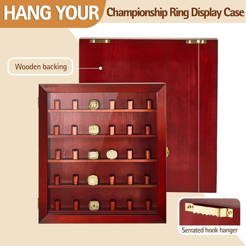 2 Pcs Championship Ring Display Case 30 Ring Posts Baseball Ring Display Case Wooden Baseball Ring Holder 14" x 15" Wall Mount Shadow Box for Baseball Multiple Championship Rings Souvenir in Saudi Arabia