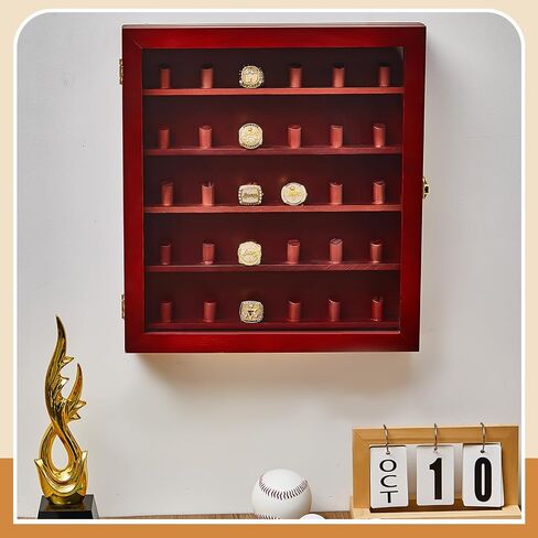 2 Pcs Championship Ring Display Case 30 Ring Posts Baseball Ring Display Case Wooden Baseball Ring Holder 14" x 15" Wall Mount Shadow Box for Baseball Multiple Championship Rings Souvenir in Saudi Arabia
