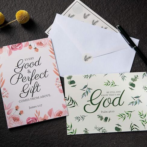 Diversebee 20 بطاقة تهنئة مسيحية ملهمة للتشجيع مع مغلفات وملصقات، مجموعة متنوعة من بطاقات الملاحظات الكتابية الدينية التحفيزية (الأزهار) - 4 × 6 بوصات in Kuwait