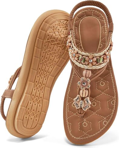 Sandals Women Dressy Summer: Comfortable Elastic Ankle Strap Womens Flat Sandals Bohemian Rhinestone Beaded Beach Shoes in Saudi Arabia