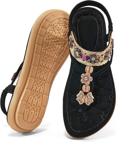 Sandals Women Dressy Summer: Comfortable Elastic Ankle Strap Womens Flat Sandals Bohemian Rhinestone Beaded Beach Shoes in Saudi Arabia