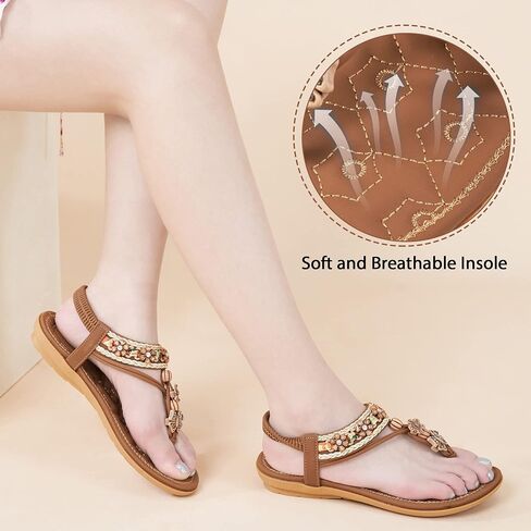 Sandals Women Dressy Summer: Comfortable Elastic Ankle Strap Womens Flat Sandals Bohemian Rhinestone Beaded Beach Shoes in Saudi Arabia