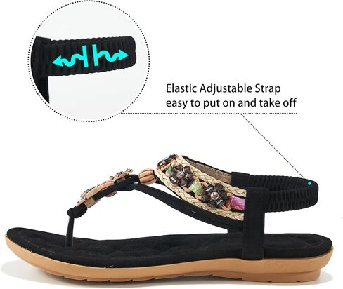 Sandals Women Dressy Summer: Comfortable Elastic Ankle Strap Womens Flat Sandals Bohemian Rhinestone Beaded Beach Shoes in Saudi Arabia