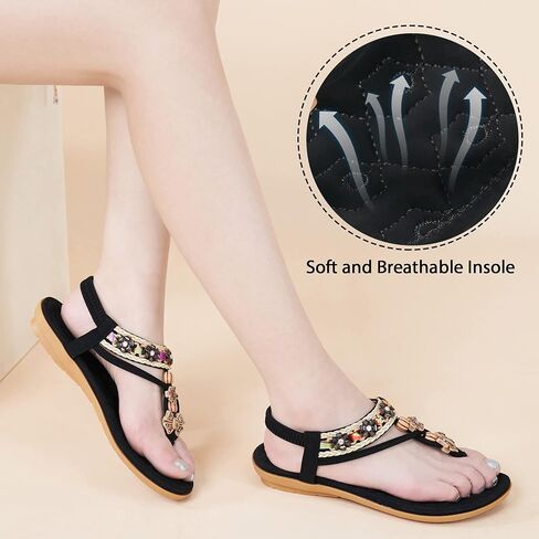 Sandals Women Dressy Summer: Comfortable Elastic Ankle Strap Womens Flat Sandals Bohemian Rhinestone Beaded Beach Shoes in Saudi Arabia