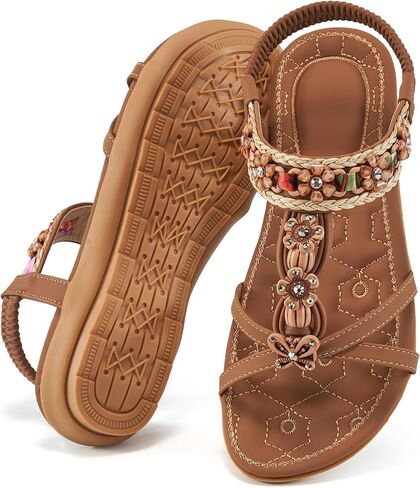 Sandals Women Dressy Summer: Comfortable Elastic Ankle Strap Womens Flat Sandals Bohemian Rhinestone Beaded Beach Shoes in Saudi Arabia