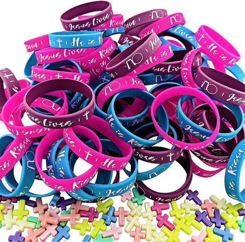 Easter Filler Egg Set | Set of 100 | Alive Edition | Silicone Bracelets - [Size - Small 2yr - 12yr Wrist] (100) | Mini Cross Penant (100) | Sticker (100) in Saudi Arabia