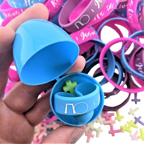 Easter Filler Egg Set | Set of 100 | Alive Edition | Silicone Bracelets - [Size - Small 2yr - 12yr Wrist] (100) | Mini Cross Penant (100) | Sticker (100) in Saudi Arabia