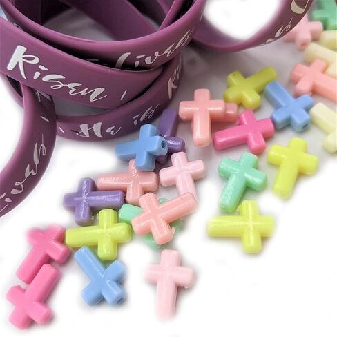 Easter Filler Egg Set | Set of 100 | Alive Edition | Silicone Bracelets - [Size - Small 2yr - 12yr Wrist] (100) | Mini Cross Penant (100) | Sticker (100) in Saudi Arabia