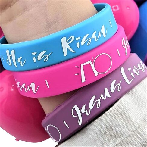 Easter Filler Egg Set | Set of 100 | Alive Edition | Silicone Bracelets - [Size - Small 2yr - 12yr Wrist] (100) | Mini Cross Penant (100) | Sticker (100) in Saudi Arabia