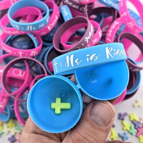 Easter Filler Egg Set | Set of 100 | Alive Edition | Silicone Bracelets - [Size - Small 2yr - 12yr Wrist] (100) | Mini Cross Penant (100) | Sticker (100) in Saudi Arabia