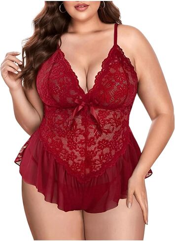 MakeMeChic Women's Plus Size Lace Sexy Lingerie V Neck Teddy Chemise Sleepwear in Saudi Arabia