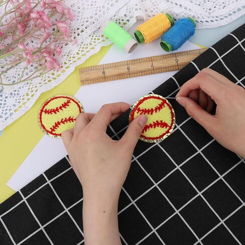 12 Pack Baseball Patches Iron on Sequin Gold Edges Chenille Patches Baseball Patches Sew on Applique Sports Embroidered Patch Badge for Clothes Repair, Hat, Dress, Jeans, Jacket, Backpacks, DIY Crafts in Saudi Arabia