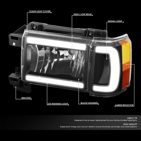 DNA MOTORING HL-LB-F15087-BK-SM-CL1 المصابيح الأمامية بعدسات دخان مع LED DRL متوافقة مع 87-91 F150 F250 F350 Bronco in Saudi Arabia