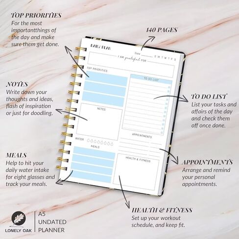 مخطط جدول الأعمال اليومي غير مؤرخ، دفتر ملاحظات لقائمة المهام، دفتر منظم المواعيد الحلزوني للرجال/النساء، دفتر يومي أنيق للمدرسة أو اللوازم المكتبية، 6.1 بوصة × 8.5 بوصة (أرجواني) in Kuwait