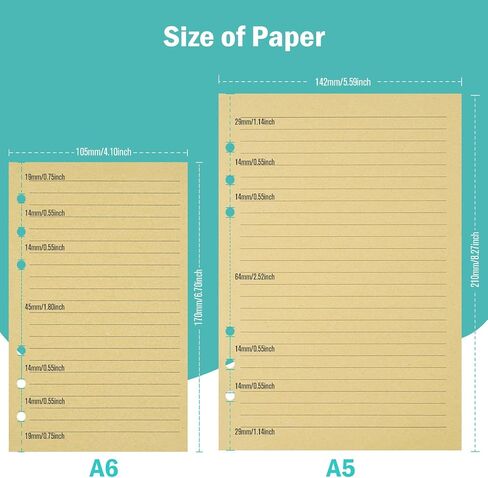 ورق إعادة تعبئة A5، 280 صفحة A5 ورق أوراق فضفاضة 6 فتحات عبوات دفتر ملاحظات لـ 6 حلقات قابلة لإعادة الملء دفتر ملاحظات مخطط مذكرات يوميات رسم صفحات خط منظم شخصي in Kuwait