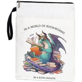 Book Sleeve with Zipper, Bookworm Style, Black, 11 x 9 inches (outside), 10 x 8 inches (inside), Washable Book Pouch with Pocket for Teen Adult, Just One More Chapter