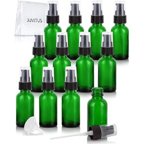 JUVITUS 1 oz / 30 ml Green Glass Boston Round Bottle with Black Treatment Pump (12 Pack) + Clear Travel Bag and Funnel