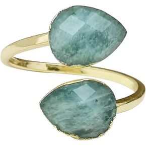 Amazonite Ring for Women, Double Gemstone Rings Gold, Natural blue Amazonite Ring Healing Crystal Teardrop Rings Spiritual, Adjustable Faceted Stone Rings for Girls in Kuwait