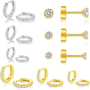 14K Gold Plated Cute Huggie Hoop Earrings |14K Gold Plated Mini Thin Stud Earrings for Women - 12 Pairs no fading Hypoallergenic Tiny Cubic Zirconia Flat Back Pearl Stud Earrings Set & Cartilage Earring Hoops for Girl