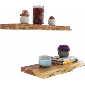Rustic Wood Floating Shelves, Live Edge Wooden Shelf for Farmhouse Wall Decor, Set of 2 Shelves with Solid Steel-Coated Hidden Brackets, Hand Finished and Sealed (Cedar, 24 inches Long)