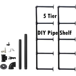 Industrial Wall Mount Iron Pipe Shelf Shelves Shelving Bracket Vintage Retro Hung Black DIY Open Bookshelf Racks Storage for offcie Room Kitchen (2PcsX5Tier,56" Tall,12" deep,Hardware Only)