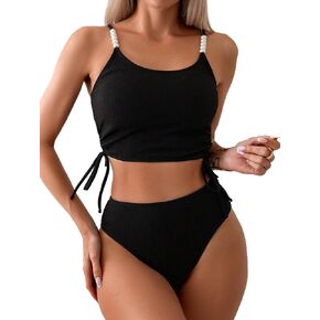SHENHE Women's 2 Piece High Waisted Tankini Swimsuit Spaghetti Strap Ruched Pearl Bathing Suit