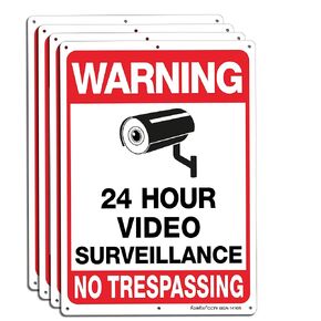Video Surveillance Sign, No Trespassing Sign, Metal Reflective Warning Sign, 4 Pack, 14x10 Inches .040 Aluminum, Indoor or Outdoor Use for Home Business CCTV Security Camera,UV Protected & Waterproof