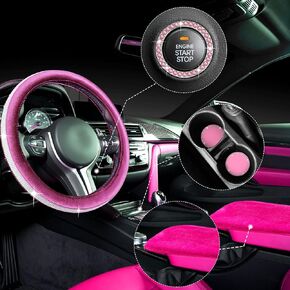 5 Pieces Bling Car Accessories Set Crystal Diamond Car Steering Wheel Cover Faux Fur Auto Center Console Pad Cup Holders Rhinestone Ring Sticker for Car Decor(Black)