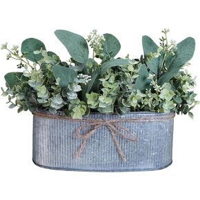 Winlyn Artificial Eucalyptus Arrangement in Rustic Galvanized Metal Oval Planter Faux Eucalyptus Leaves Stems Greenery Floral Arrangement Centerpiece for Farmhouse Cottage Home Kitchen Table Décor