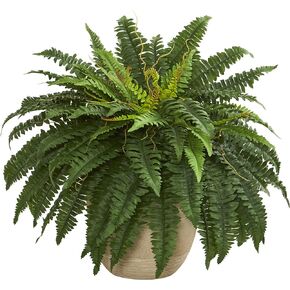 Nearly Natural 22" Boston Fern Artificial Plant In Sandstone Planter, Green