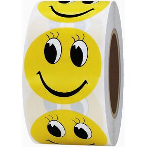 Hybsk Yellow Happy Face with Eyelash Happy Stickers 1.5" Round Teacher Labels 500 Total Per Roll
