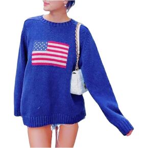 Women's Vintage Knit Sweater Long Sleeve Crewneck Flag Print Sweaters Loose Knitwear Jumpers Top