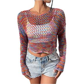 WDIRARA Women's Hollow Out Sheer See Through Crop Sweater Sexy Long Sleeve Pullovers