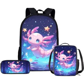 Cherry Blossom Axolotl Backpack for Girls 8-10 Kawaii Book Bags Kids School Backpack with Lunch Box Pencil Case Pink Teens Backpack Purse