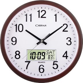 OSTAR 14" Large Analog Digital Display Wall Clock Silent Non-Ticking, Day of The Week Temperature Battery Operated Clock for Living Room Bedroom Kitchen