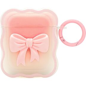 Cute Airpods Case, Pink Bow Airpods 2 Case, 3D Bowknot Airpods 1st Generation Case, Airpods 2nd Generation Shockproof Soft Clear TPU Charging Case Cover with Carabiner for Girls Women