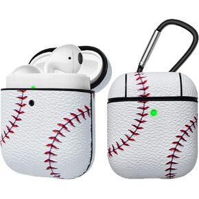 Tekcoo AirPods Case, [Front LED Visible] AirPods Accessories Cover Compatible with Apple Airpods 1 & AirPods 2 Protective PC Plastic Inner + PU Vegan Leather Pattern Skin & Keychain [Baseball]