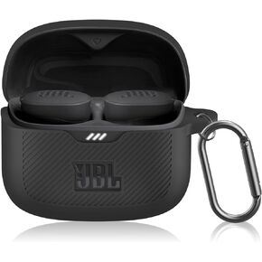 for JBL Tune Buds Case Cover, Soft Silicone Protective Earbuds Case Front LED Visible, Only Compatible with JBL Tune Buds, Headphones Charging Case with Carabiner Accessories Set(Black)