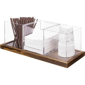 MyGift Modern Modular Coffee and Tea Station Organizer with 3 Removable Premium Clear Acrylic Compartments and Rustic Burnt Solid Wood Decorative Tray, 4 Piece Set