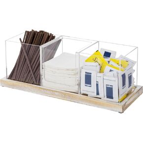 MyGift Modern Modular Coffee and Tea Station Organizer with 3 Removable Premium Clear Acrylic Compartments and Rustic Burnt Solid Wood Decorative Tray, 4 Piece Set