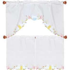 Simhomsen Embroidered Colorful Eggs and Bunny Kitchen Window Curtain Swag and Tiers Set for Easter Holiday or Spring Season