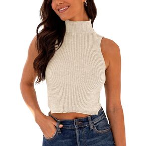 Women's Mock Neck Knit Sweater Vest Sleeveless Crossback Crop Tops Cute Sexy Ribbed Pullover Tank Tops