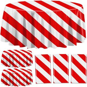 3 Pieces Red and White Stripe Tablecloths for Round Table, Carnival Theme Party Decorations, 84'' x 84'' Plastic Table Cover for Circus Party, Movie Night, Kid's Birthday, Picnic