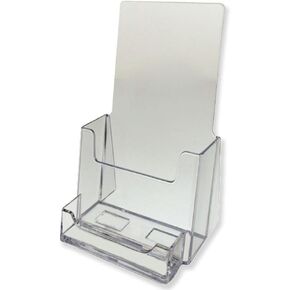 Clear 4 x 9 Tri-Fold Brochure Holder with Attached Business Card Holder, Countertop Display Stand, Literature Holder for Efficient Countertop Organization