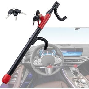 Steering Wheel Lock Anti-Theft Heavy Duty Secure Car Device, Adjustable Length Clamp Double Hook Locks Universal Fit Black