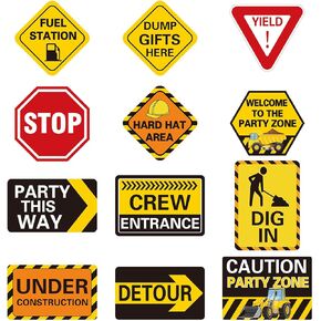 12 Pcs Construction Party Signs Traffic Zone Birthday Laminated Signs Children Construction Birthday Paper Cutouts with Glue Points for Kids Boy Construction Theme Dump Truck Birthday Party Supplies