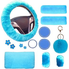 Fluffy Steering Wheel Cover for Women with Furry Gear Cover &Handbrake Cover&Seat Belt Cover&Armrest Pad Fuzzy Car Accessories for Women Pack of 14 (Black)
